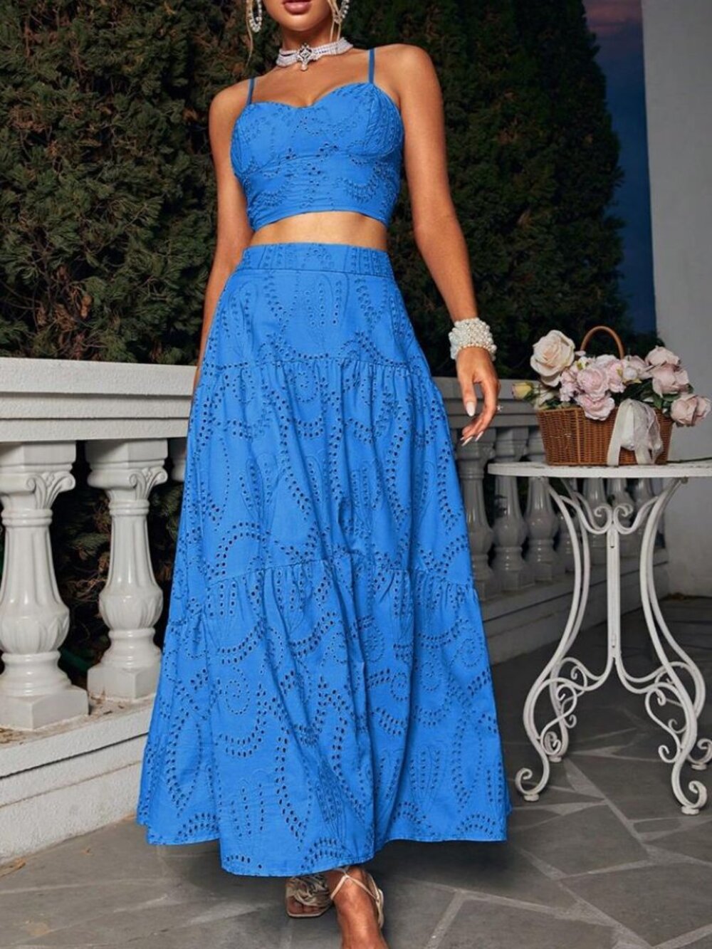 29- Elegant Women’s Blue Eyelet Cami Crop Top & Tiered Maxi Skirt 2-Piece Set